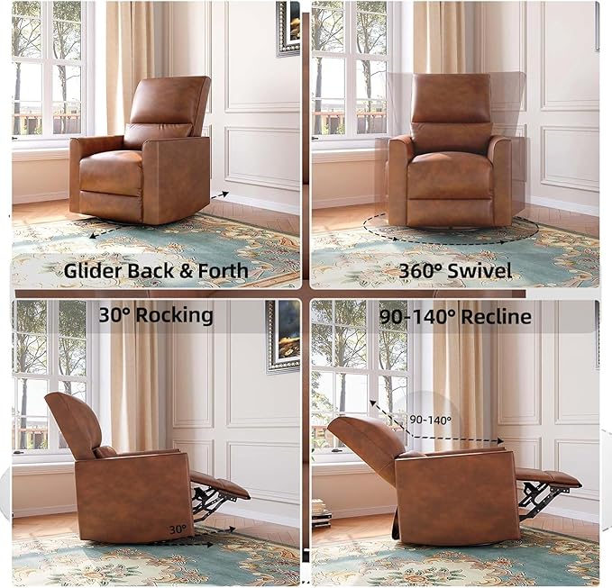 Swivel Rocking Recliner Chair Upholstered Faux Leather Glider Recliner with Lumbar Support High Backrest &amp Padded Armest Manual Nursery Recliner for Living Room (Manual Brown)