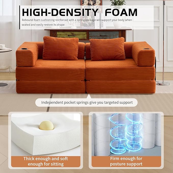 78 Loveseat Sleeper Sofa 4 in 1 Convertible Floor Sofa Bed Boneless Cloud Couch with Cup Holder Fold Out Floor Couch for Living Room Bedroom Lounge Corduroy Orange