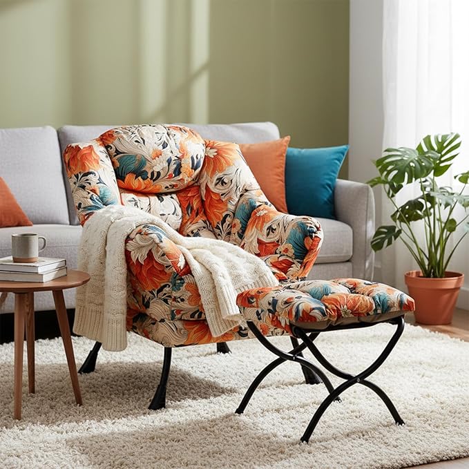 Welnow Lazy Chair with Ottoman Modern Accent Chair with Armrests and a Side Pocket Leisure Sofa Armchair Set Reading Armchair with Footrest for Small Space Orange Blue