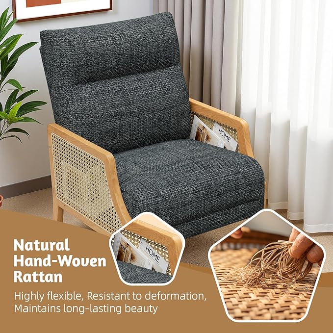 Accent Chair Set of 2 with Rattan Armrest Armchair with Breathable Linen Fabric Upholstered Arm Chair for Living Room Bedroom Dark Gray