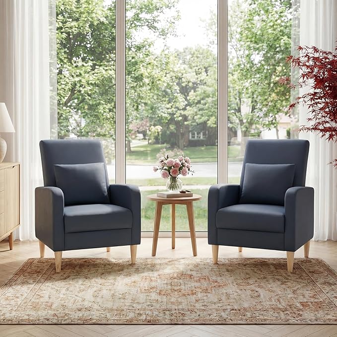COLAMY Mid-Century Modern Upholstered Accent Chair with Back Pillow &amp Solid Wood Legs Leather Cozy Armchair for Living Room Bedroom Reading Nook Apartment &amp Small Spaces Blue