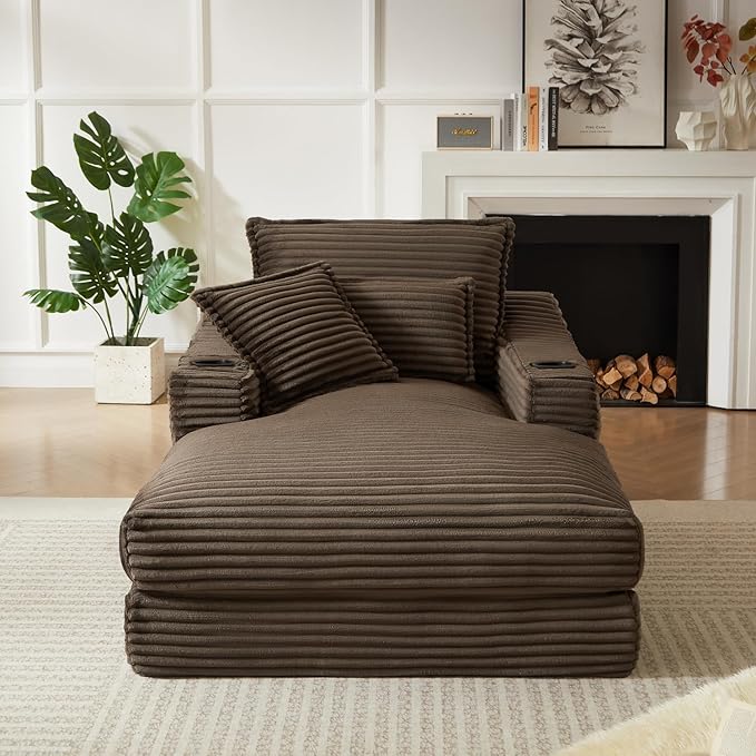67.7 Oversized Chaise Lounge Chair Indoor Modern Corduroy Single Sleeper Couch Chair with 3 Soft Pillows＆Cup Holder Boneless Cloud Couch Single Seat Sofa for Living Room Bedroom (Brown)