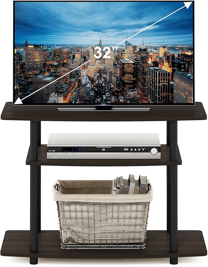 Furinno Turn-N-Tube No Tools 3-Tier Entertainment Center TV Stand for TV up to 32 Inch Plastic Round Tubes Dark Brown/Black
