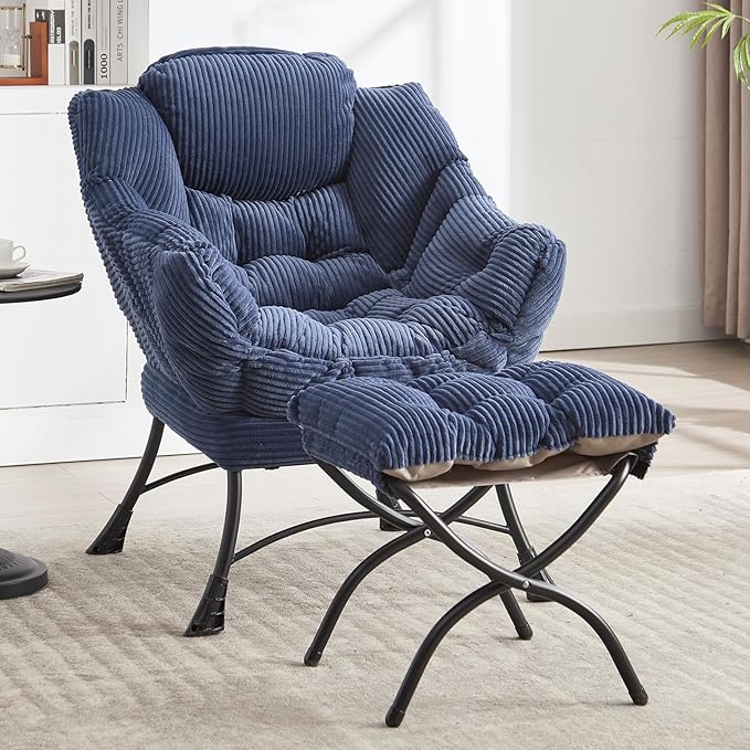NIOIIKIT Leisure Lazy Chair with Ottoman Corduroy Upholstered Lounge Armchair with Side Pocket Comfy Reading Chair Lazy Sofa Chair for Living Room Bedroom Office (Navy Blue)