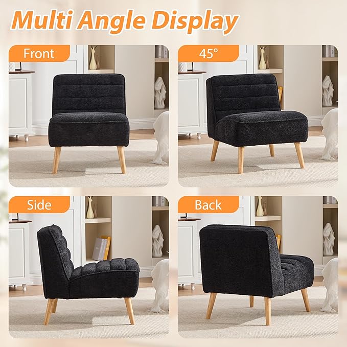 Chifee &amp Vingol Armless Accent Chair Set of 2 Modern Living Room Chairs Upholstered Bedroom Accent Chairs Comfy Makeup Vanity Chair Armless Chair with Wooden Legs for Bedroom Office CafeBlack