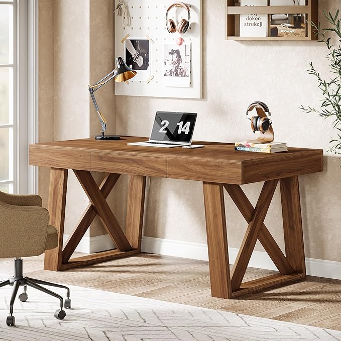 Tribesigns 55 Wide Desktop Executive Desk with Drawer Retro Brown Computer Office Desk Modern Wood Business Workstation Table for Home Office