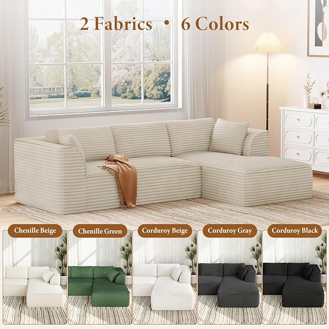 Vesgantti 106 Modular Sectional Sofa with Chaise Deep Seat Comfy Cloud Couch Corduroy L Shaped Sofa Sectional Couches for Living Room Bedroom No Assembly Required (Camel Right-Facing Chaise)