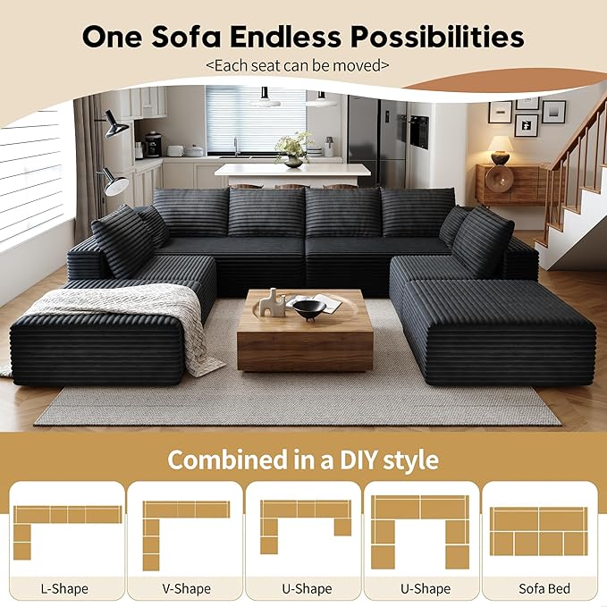 139.4 Cloud Sectional Sofa for Living Room Plush Corduroy Cover Fluffy Memory Foam Cushions No Assembly Required U Shaped Modular Chaise Lounge Oversized Comfortable Couches Set Black