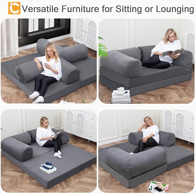 COMAX Futon Sofa Bed 4-in-1 Floor Foldable Sofa Couch Bed Queen with L-Shaped Armrests Convertible Folding Chair Bed Sleeper Mattress Fold Out Comfy Lounge for Living Room Bedroom Grey