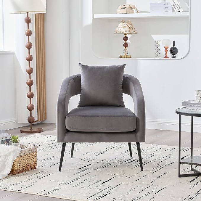 Mid Century Modern Accent Armchair - Velvet Upholstery with Removable CushionRound Arms &amp Sturdy Metal LegsComfortable Reading Chair for Living RoomBedroomApartment - Charcoal FabricBlack Leg