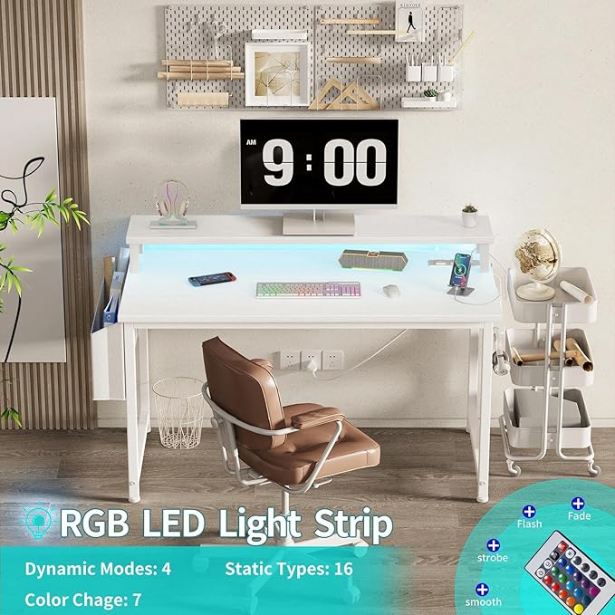 Lufeiya Small White Desk with LED Lights and Power Outlets 32 Inch Home Office Computer Desks with Monitor Stand Teen Writing Study Table Gaming Desk with Charging Station White
