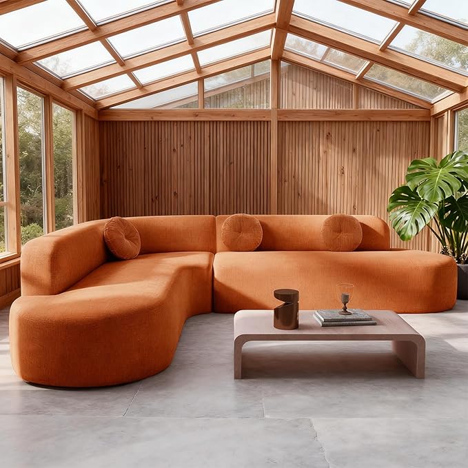 Curved Modular Sectional Sofa - 122 Extra Large 5-Seater with High Resilience Foam &amp Soft Chenille Upholstery 2-Piece Floor Couch with Round Cushions No Assembly Orange Living Room Furniture Se