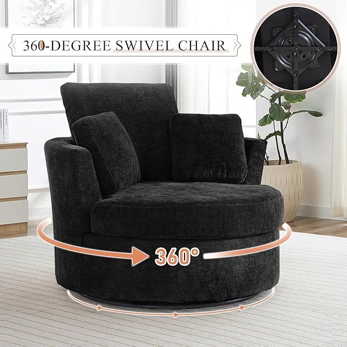 42 W Modern Black Swivel Barrel Chair with 360° Round Metal Base &amp Soft Chenille Pillows &amp Thick Cushion Comfy Oversized Chaise Longue Indoor Living Room Bedroom Club Reading Armchair (Blac