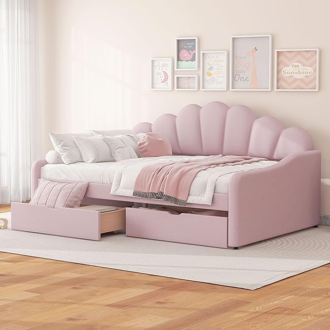 Bellemave Full Size Upholstered Daybed Frame with Shall Shaped Backrest &amp 2 Drawers Velvet Fabric Sturdy Pine Wood Legs for Bedroom/Guest Room Pink