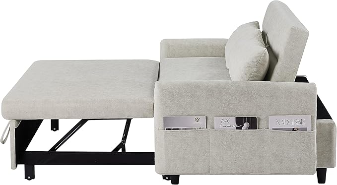 55.1 Pull Out Sofa Bed 2 Seater Loveseats Sofa Couch with Adjustable Backrest Storage Pockets 2 Soft Pillows Convertible Sleeper Sofa Bed for Living Room Bedroom Apartment Office (Beige 091)