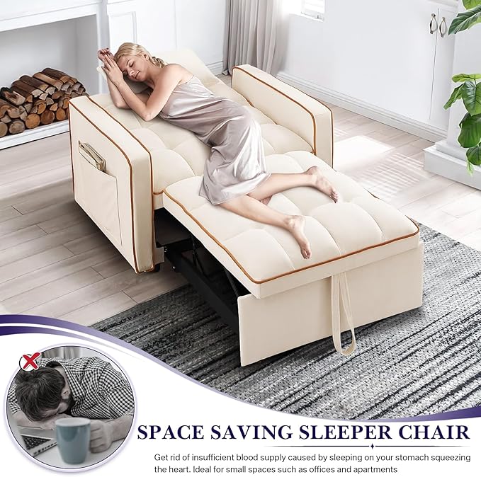 Convertible Sleeper Chair Bed 3 in 1 Modern Velvet Pull Out Sofa Bed Small Tufted Single Sleeper Chair with Adjustable Backrest/Pillow for Living Room Small Spaces Apartment Office Beige