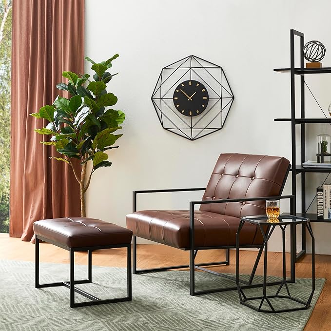 Glitzhome Accent Chairs with Ottoman Mid Century Modern Lounge Armchair with footrest with PU Leather &amp Metal Frame for Living Room Bedroom Apartment Office Brown