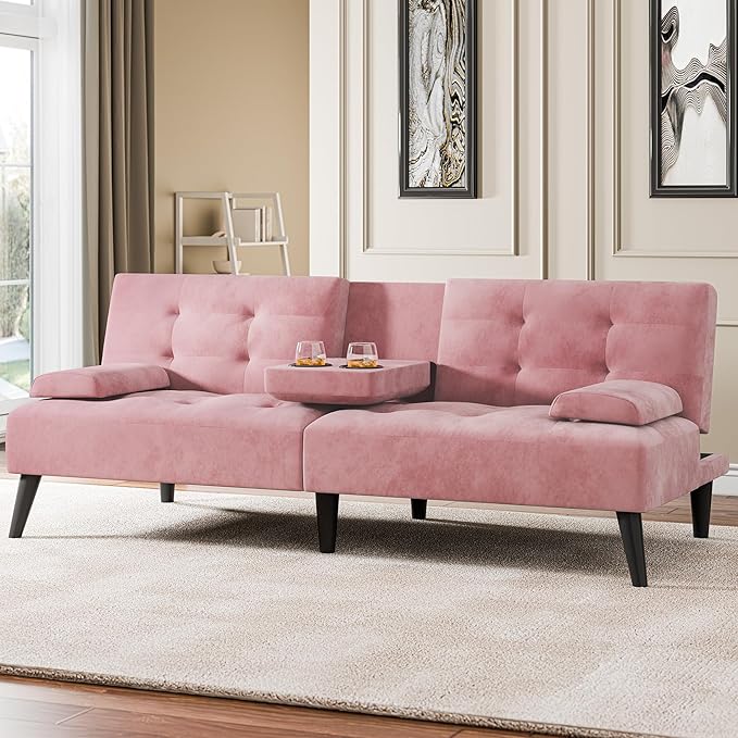 Meilocar Futon Sofa Bed Modern Convertible Sofa Couch Recliner 64 in Adjustable Sofa Bed for Living Room Removable Armrest Pillow 2 Cup Holders 3 Angles Back 5.3FT Pink