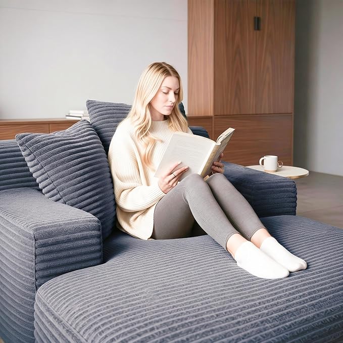 Container Furniture Chamden Oversized Chaise Lounge Chair Modern Corduroy Sofa Bed with Full Foam Cushioning Cozy Convertible Sleeper for Living Room or Bedroom Grey