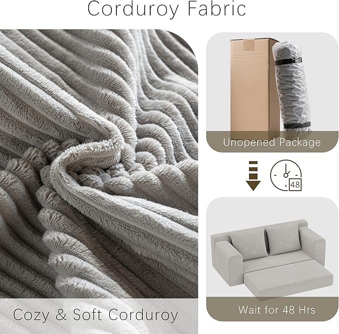 Convertible Sofa Bed 3 in 1 Loveseat Folding Couch Bed Foldable - Boneless Couch &amp Floor Futon Sleeper Corduroy Pull Out Sofa Bed with 2 Pillows for Living Room
