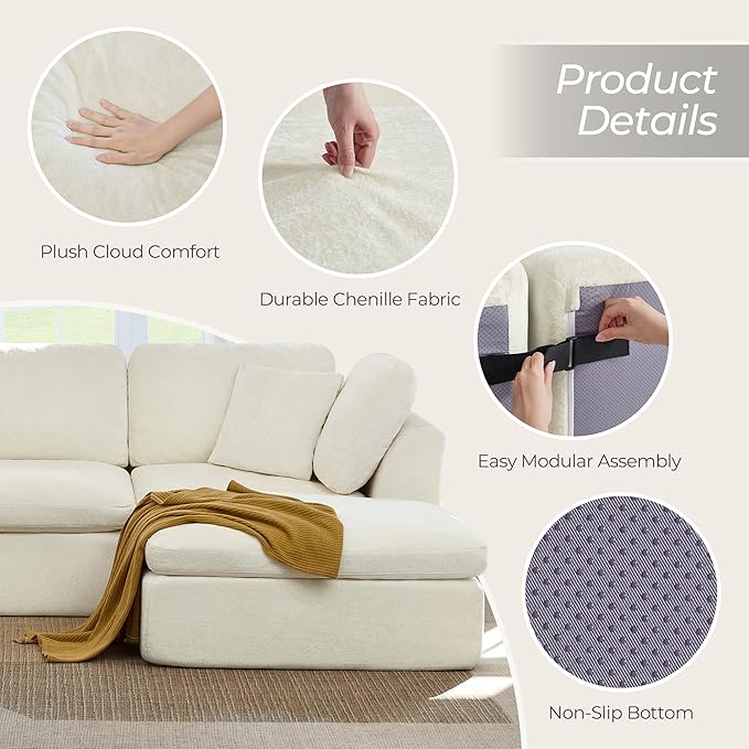 CHITA 108 Cloud Sectional Couches for Living Room Boneless L-Shape Sofa with Ottoman 3 Seater Modular Sectional Sofa Cream