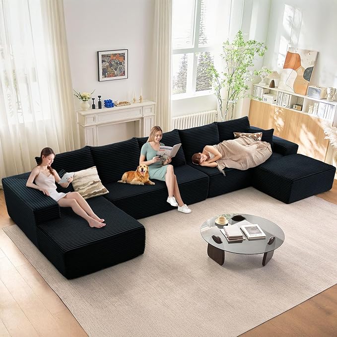 Cloud Modular Sectional Sofa for Living Room167x69.7 Oversized U-Shaped Couch with 7 PillowsBig Comfy Couches SetFluffy Corduroy Sofa with Ottoman &amp ChaiseNo Assembly(BlackLeft-Facing Chaise)