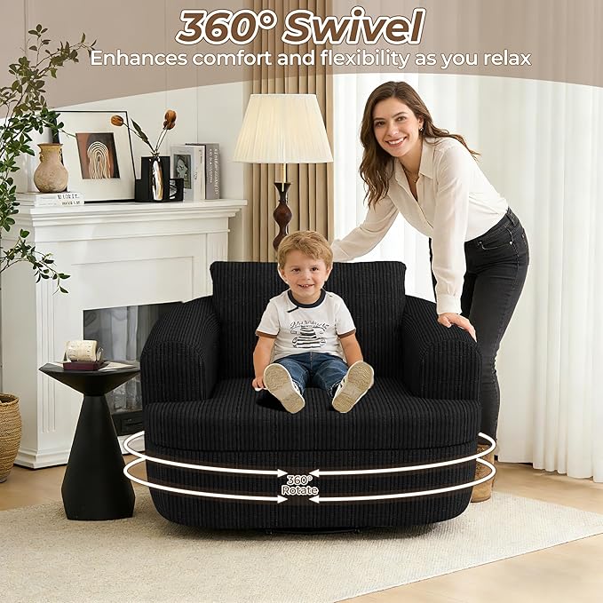 36.6 Swivel Accent Chairs Set of 2 360 Degree Oversized Swivel Barrel Chair for Living Room Modern Corduroy Upholstered Accent Armchair Comfy Boneless Sofa Chair for Bedroom Black