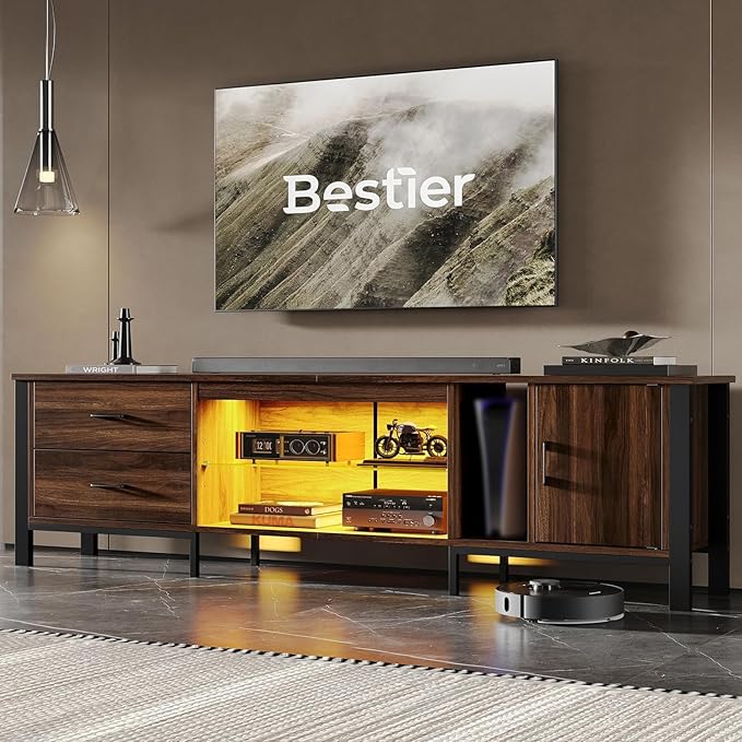 Bestier TV Stand for 75/80/85 inch TV LED Gaming Entertainment Center Modern TV Cabinet with Glass Shelves for Living Room Media Console with 2 Storage Drawers &amp Cabinets for Bedroom Walnut
