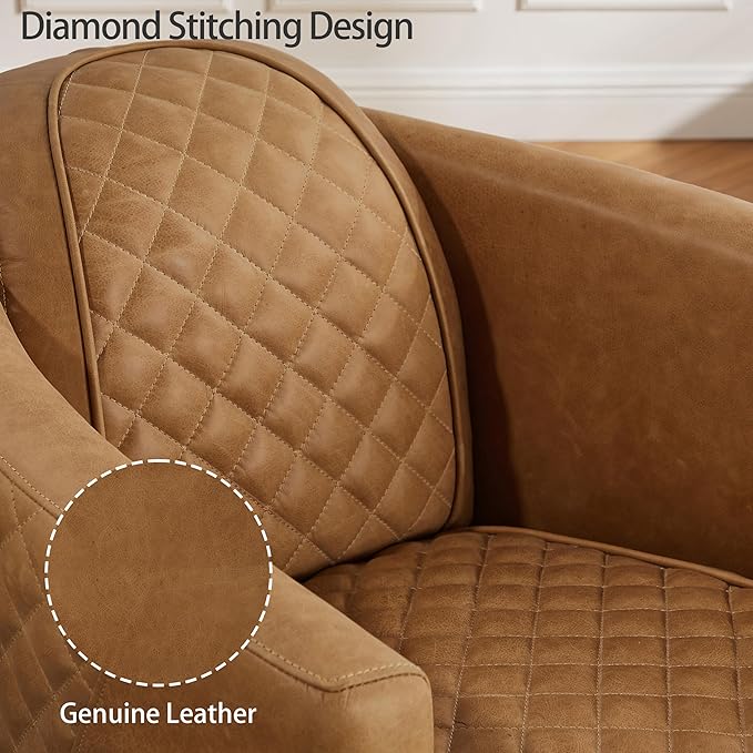 Zouron Genuine Leather Living Room Chair Mid Century Modern Single Sofa Chair with Wooden Legs Upholstered Barrel Accent Chair for Living Room Bedroom Home Office 1 Pcs Light Brown