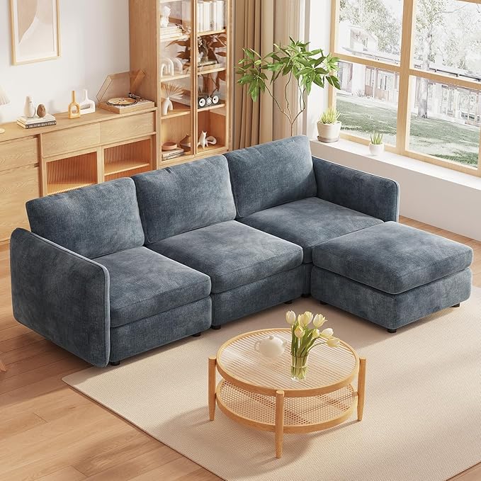 92.51 L Shaped Couch 4-Seater Modular Sectional Sofa with Chaise Comfy Cloud Couch with 1 Storage Ottoman Upholstered Sectional Sofa with Deep Seat for Living Room Apartments Blue