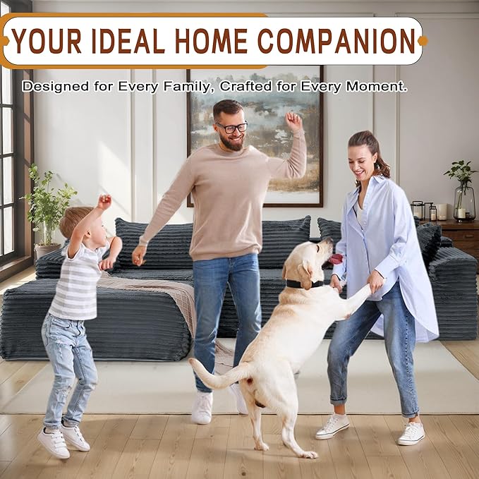 110 L-Shaped Modular Sectional Sofa with Chaise Boneless Comfy Corduroy Fluffy Couch with Deep Seat and Side Pockets Flexible Module Combination for Living Room No Assembly Side Pockets