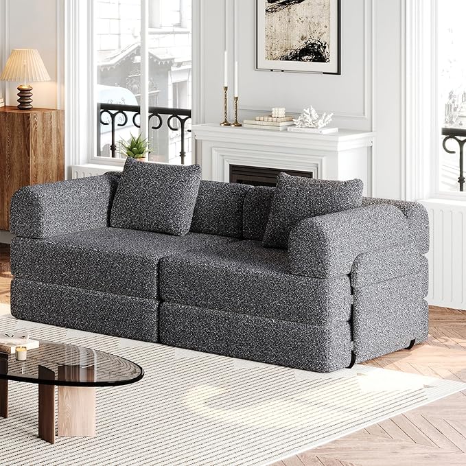 Convertible Sofa Bed 108+72.4+37 Sectional Couch 6-Seater with Storage Pockets Modular Sleeper Couch Chenille Folding Floor Boneless Lounge Sofa for Living Room Guest Room Grey