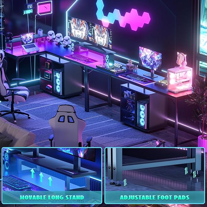 Cyclysio L Shaped Gaming Desk with Wood Cabinet 58 Large Corner Desk with LED Lights &amp Power Outlet Reversible Computer Desks with Computer Tower Stand 2 Person Desks for Home Office Black