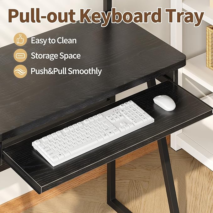 ALISENED 2-Tier Small Computer Desk with Keyboard Tray Compact Laptop Table Workstation Freestanding Ladder Desk Writing Gaming Desk with Storage Hutch for Small Spaces Study Home Office Black