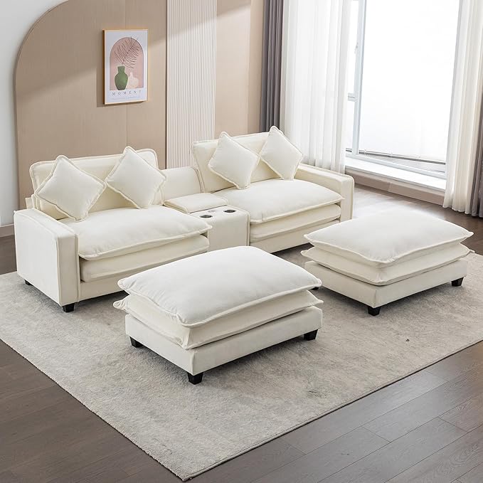 Sectional Sofa Chenille Upholstered with 2 Removable Ottoman 2 USB Ports 2 Cup Holders Large Storage Box for Living Room