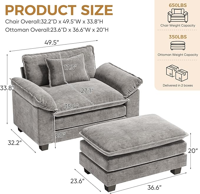 HUSFU 49.5'' Oversized Accent Chair with Ottoman Chenille Cloud Couch Chair with Deep Seat and Extra Wide Armrests Comfy Reading Armchair for Bedroom Living Room Set of 2 Gray