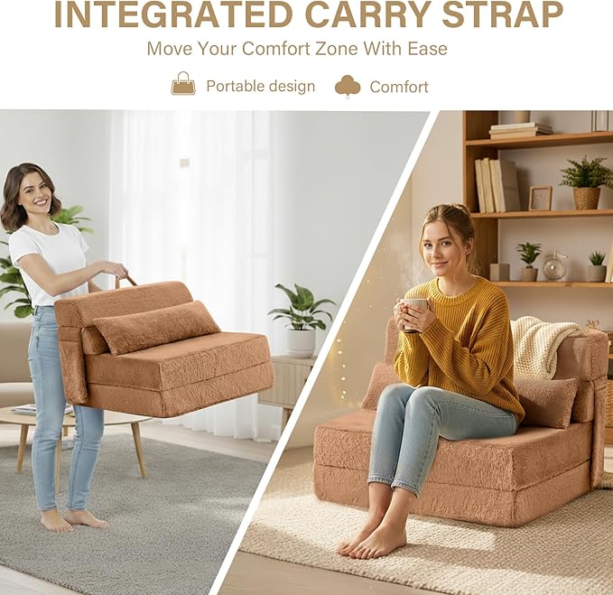 Tiita Convertible Folding Sofa Bed Single Size for Adults with Pillow Plush Fabric Floor Mattress Couch Bed Washable Cover &amp Side Pocket Guest Room Dorm Apartment Living Room Brown