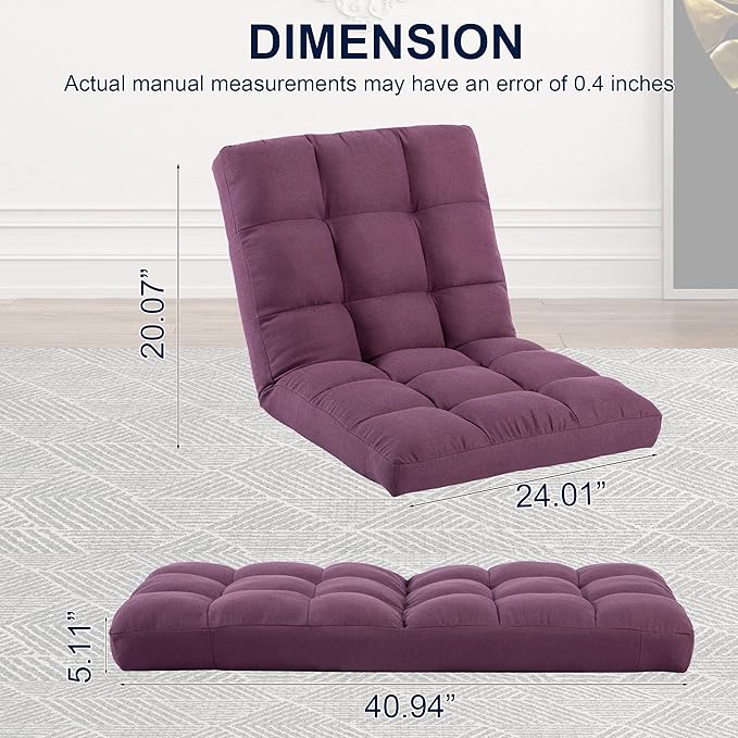 Folding Floor Chair with Back Support Adjust Lay Flat Recliner Oversized Lounge Wide Lazy Boy Gaming Ergonomic Single Sofa Seat for Living Room Bedroom(Purple)