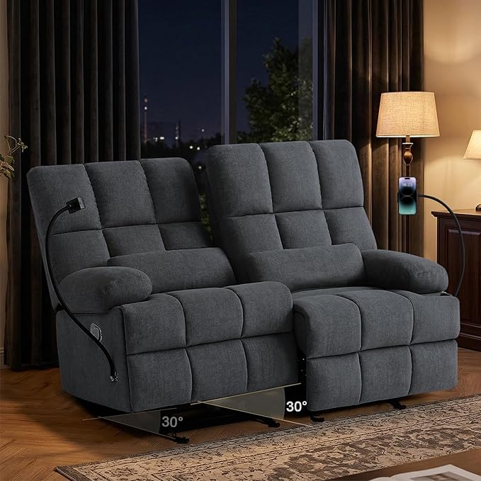 Rocker Recliner-Loveseat Recliner SofaCat-Proof Reclining Loveseat with Phone Holder RV Douber Recliner Sofa for Home TheaterLiving Room (Gray-2 Seater) | Rocker Recliner Phone Holder
