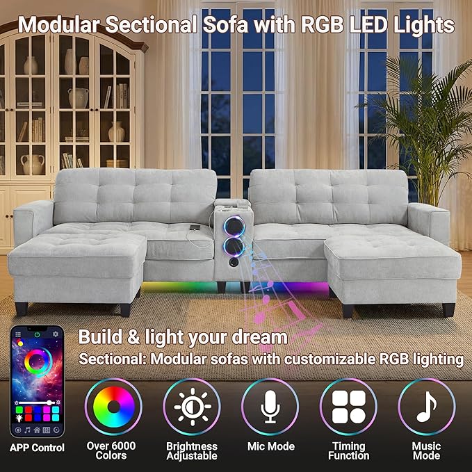 126 U Shaped Cloud Couch Sectional with Storage Ottomans Modular Sectional Sofa with Console for Living Room Modern Comfy Couch with Bluetooth Speaker/LED Light/Charging Station (Light Grey)