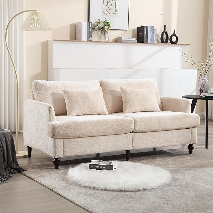 69” Modern Chenille Loveseat Sofa Couch Upholstered 2 Seat Love Seat Deep Seat Small Couch with 2 Pillows and Sturdy Wood Legs for Living Room Bedroom Apartment (Beige)