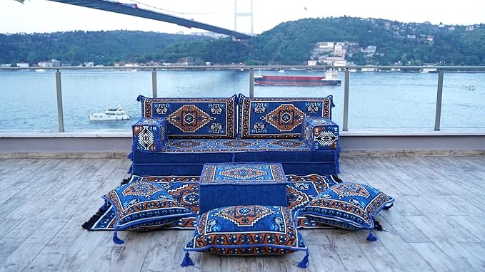 arabicsofa 8 Inch Thick Royal Blue Arabic Floor Cushion – Handmade Modular Majlis Seating with Backrest Pillows