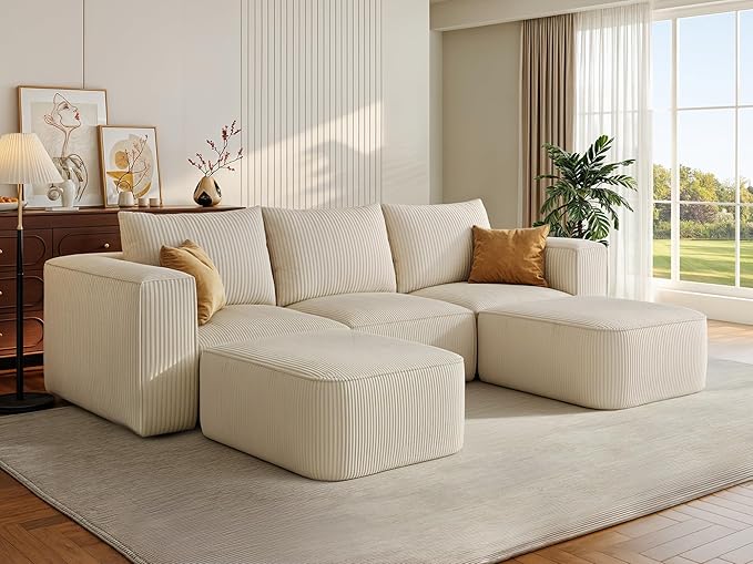 DWVO 107 Inch Cloud Sectional Couch with U-Shape Chaise Deep Seat Sofa with 3 Pillows 2 Ottomans Corduroy Upholstered Modular Sofa for Living Room Bedroom No Assembly Required Milky White