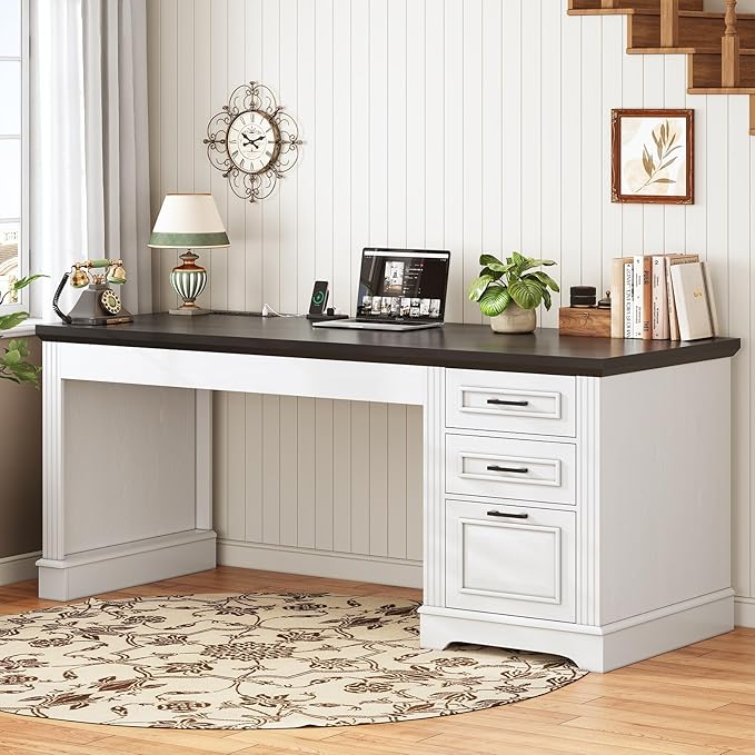 SEDETA Office Desk with 3 Drawers 55 Executive Computer Desk with Storage Drawers Farmhouse Desk with Power Outlet for Home Office White
