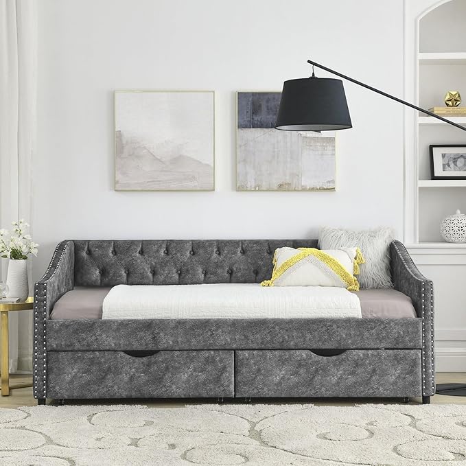 Twin Size Upholstered Daybed with Drawers Tufted Sofa Bed with Waved Arms Grey Polyester Mid-Century Design 500lbs Capacity