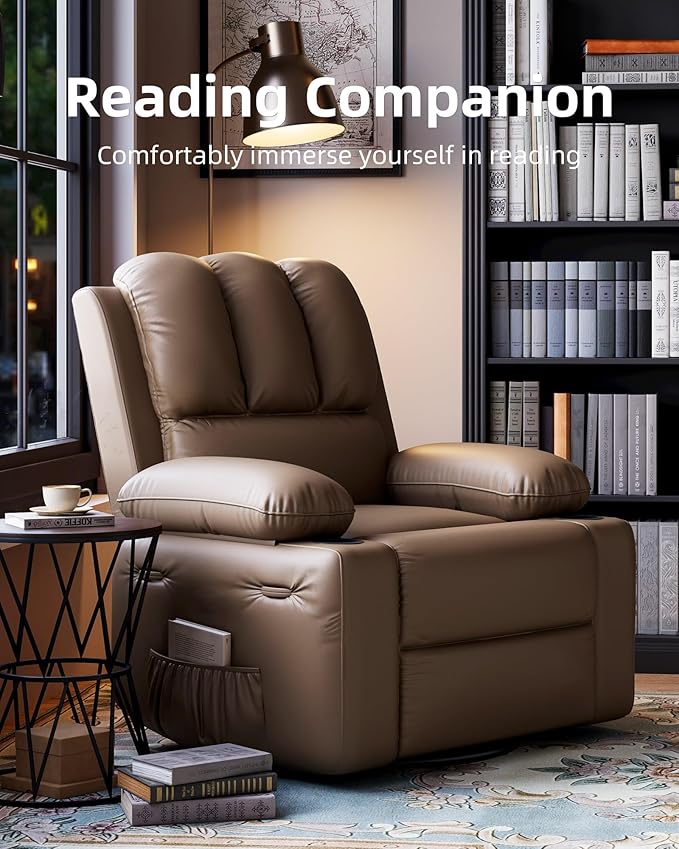 22 in Leather Recliner Chair for Adults Overstuffed Manual Recliner Chair Single Sofa with Cup Holder and Side Pockets Upholstered Chair for Living Rooms Tan