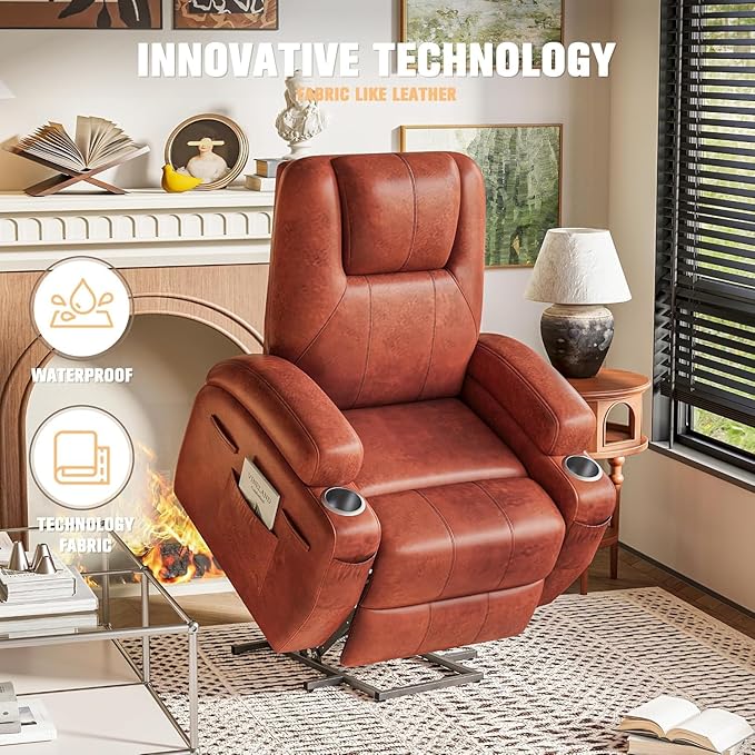 Flamaker Power Lift Recliner Chair Electric Lift Recliner for Elderly Power Lift Recliner Chair with Cup Holders Side Pockets for Living Room (Leathaire Dark Brown)