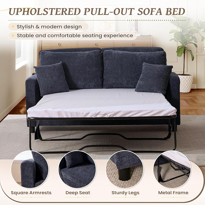 Full Size Pull Out Sofa Bed 3 in 1 Chenille Convertible Loveseat Sleeper Sofa Bed with Memory Form Mattress Pull Out Couch with Square Arms &amp Plillows for Living Room Bedroom Small Space(Grey)