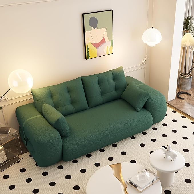 79 Modern Green Teddy Convertible Futon Couch Sofa Bed 3 in 1 Pull Out Memory Sleeper Cloud Sofas Double Full Size Boneless Love Seat Beds for Living Room Dorm ApartmentBedroom (Green)
