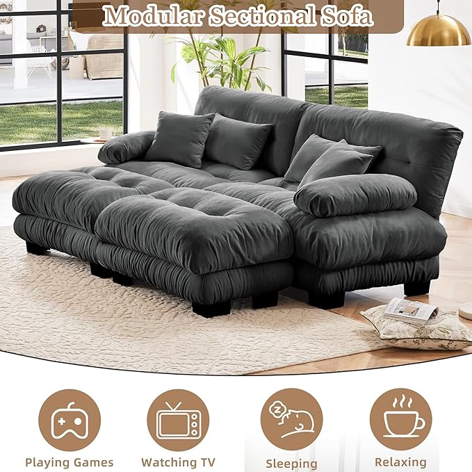 Modular Sectional Sofa Bed Chenille Comfy Cloud Couch with 2 Ottomans Sleeper Daybed with 2 Lumbar Pillows and 2 Throw Pillows Couches for Living Room (Gray 2 Seat + 2 Ottoman)